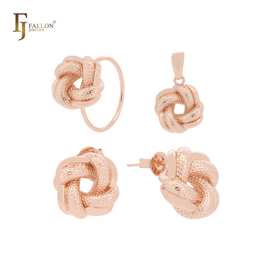 Twiste knot of rope 14K Gold, Rose Gold Jewelry Set with stud earrings and pendant