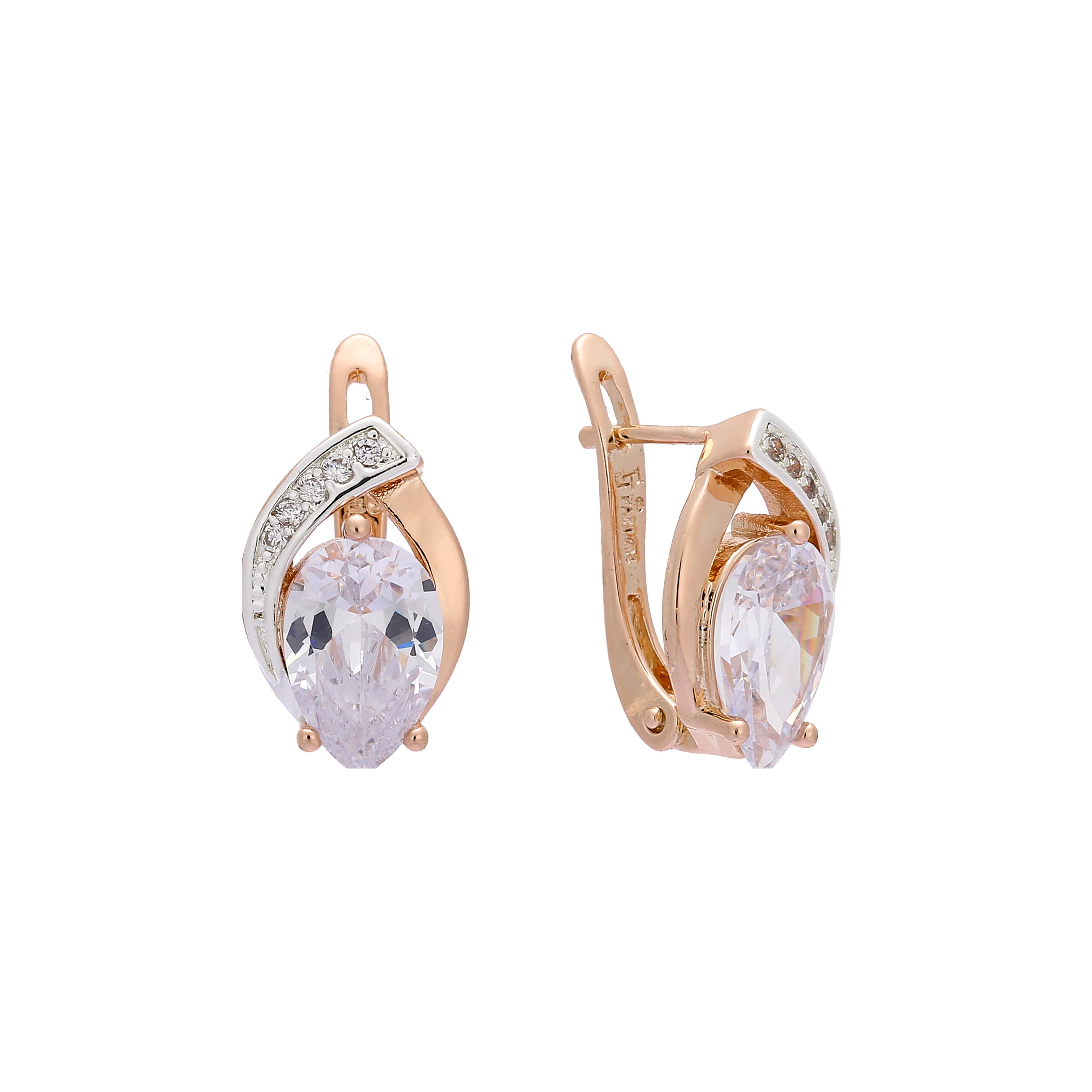 Aretes grandes con piedras en forma de lágrima en Oro de 14K, Oro Rosa, baño de dos tonos