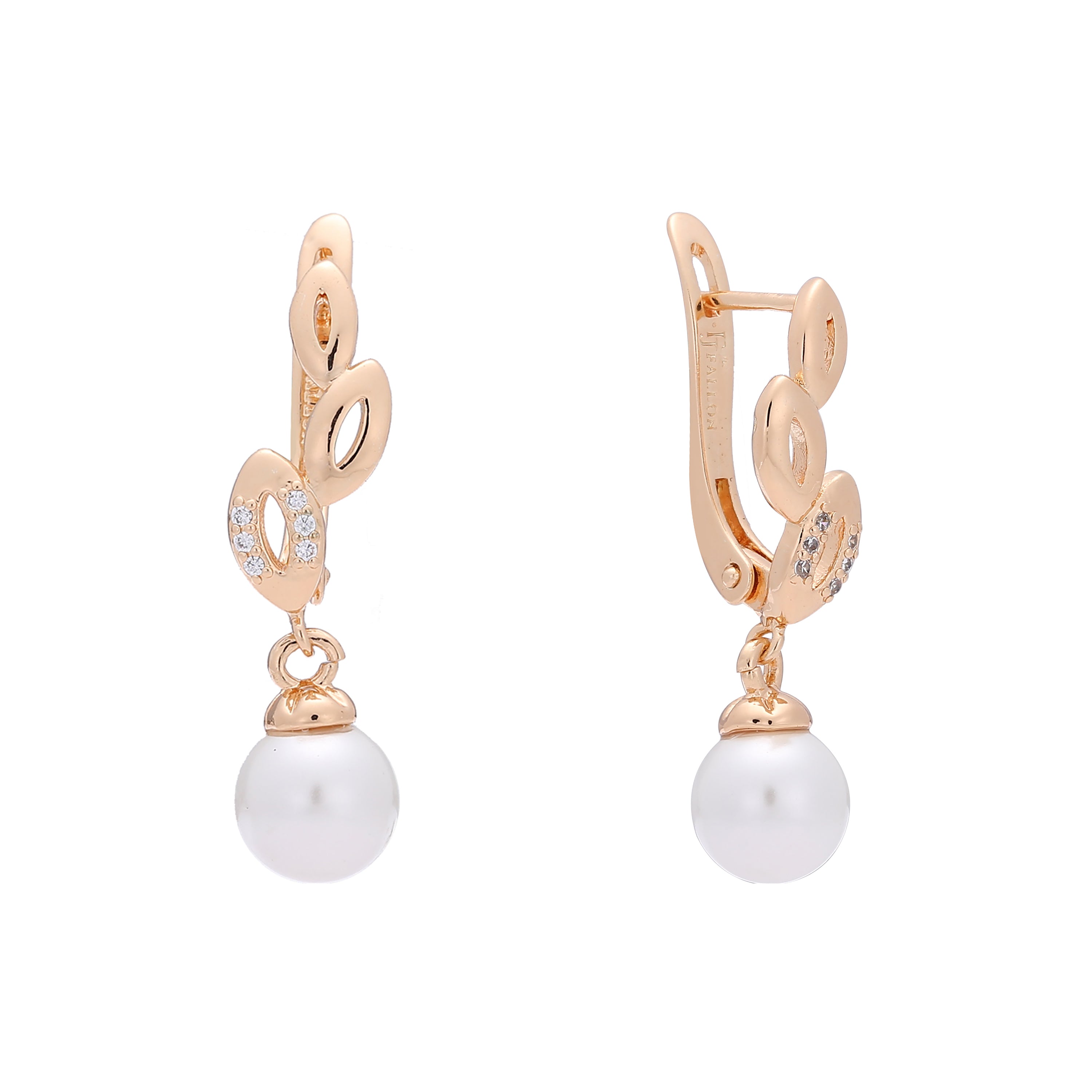 Pearl and leaves drop earrings in 14K Gold, Rose Gold two tone plating colors