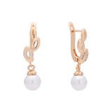 Pearl and leaves drop earrings in 14K Gold, Rose Gold two tone plating colors