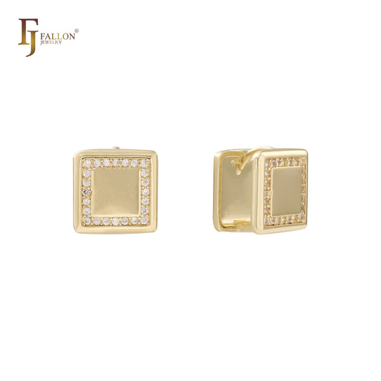 Squared Halo white CZs cluster 14K Gold, Rose Gold huggie earrings