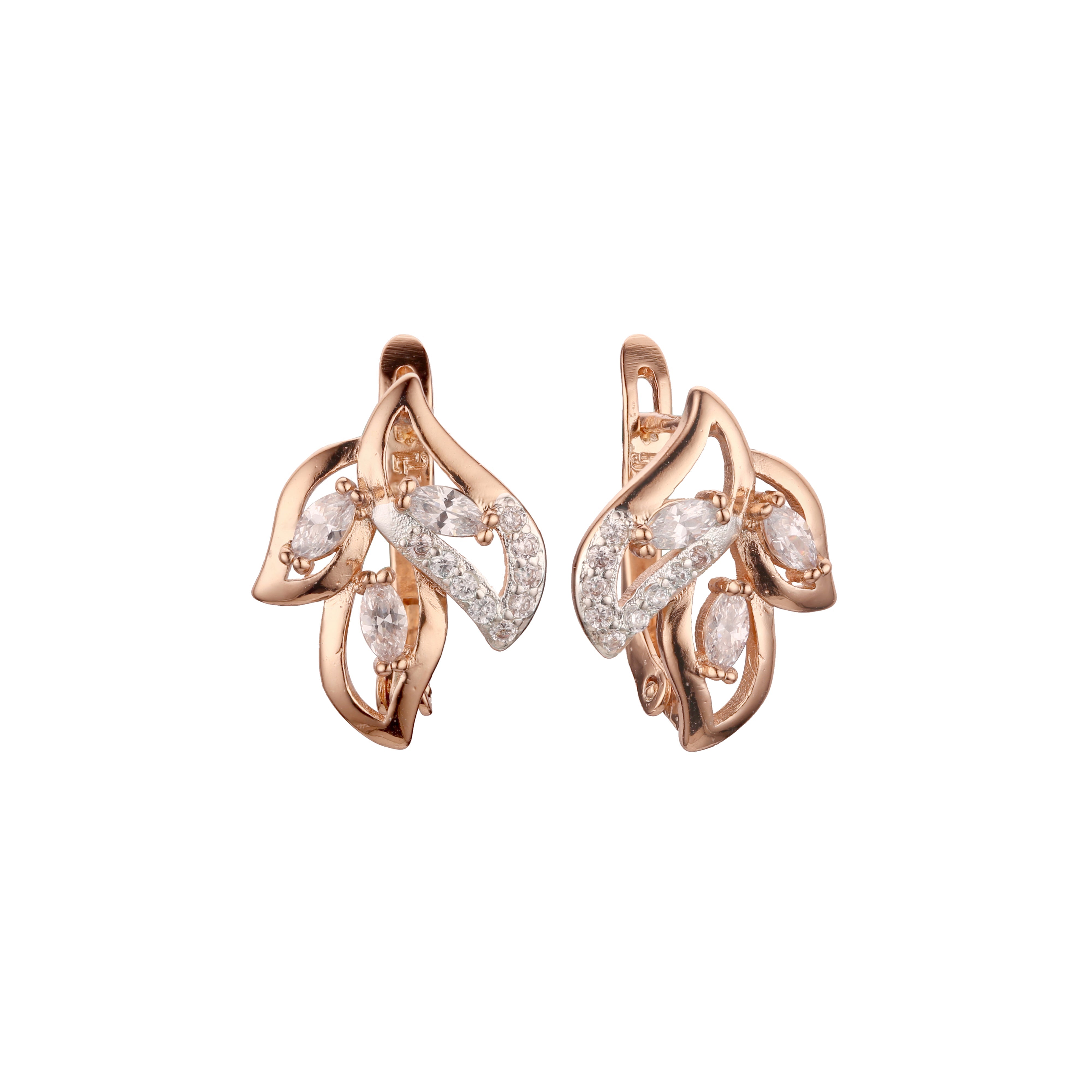 Three leaves cluster colorful CZ earrings in 14K Gold, Rose Gold, two tone plating colors