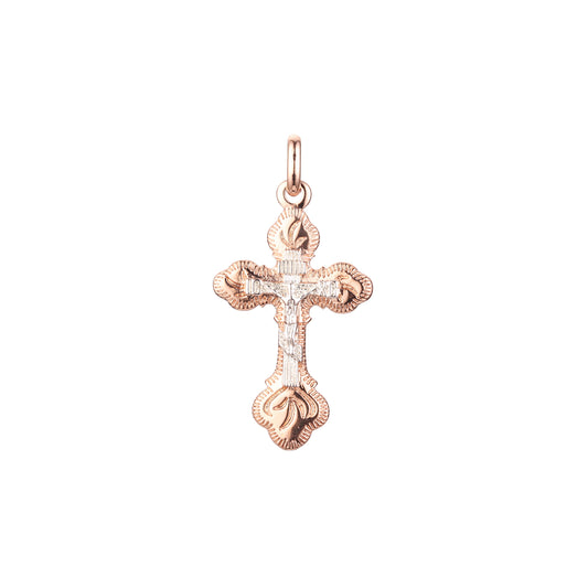 Pingente de cruz ortodoxa em ouro rosa de dois tons e cores banhadas a ouro 14K