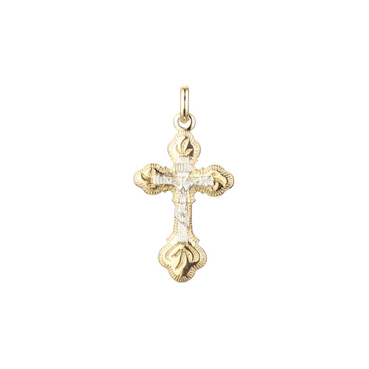 Pingente de cruz ortodoxa em ouro rosa de dois tons e cores banhadas a ouro 14K