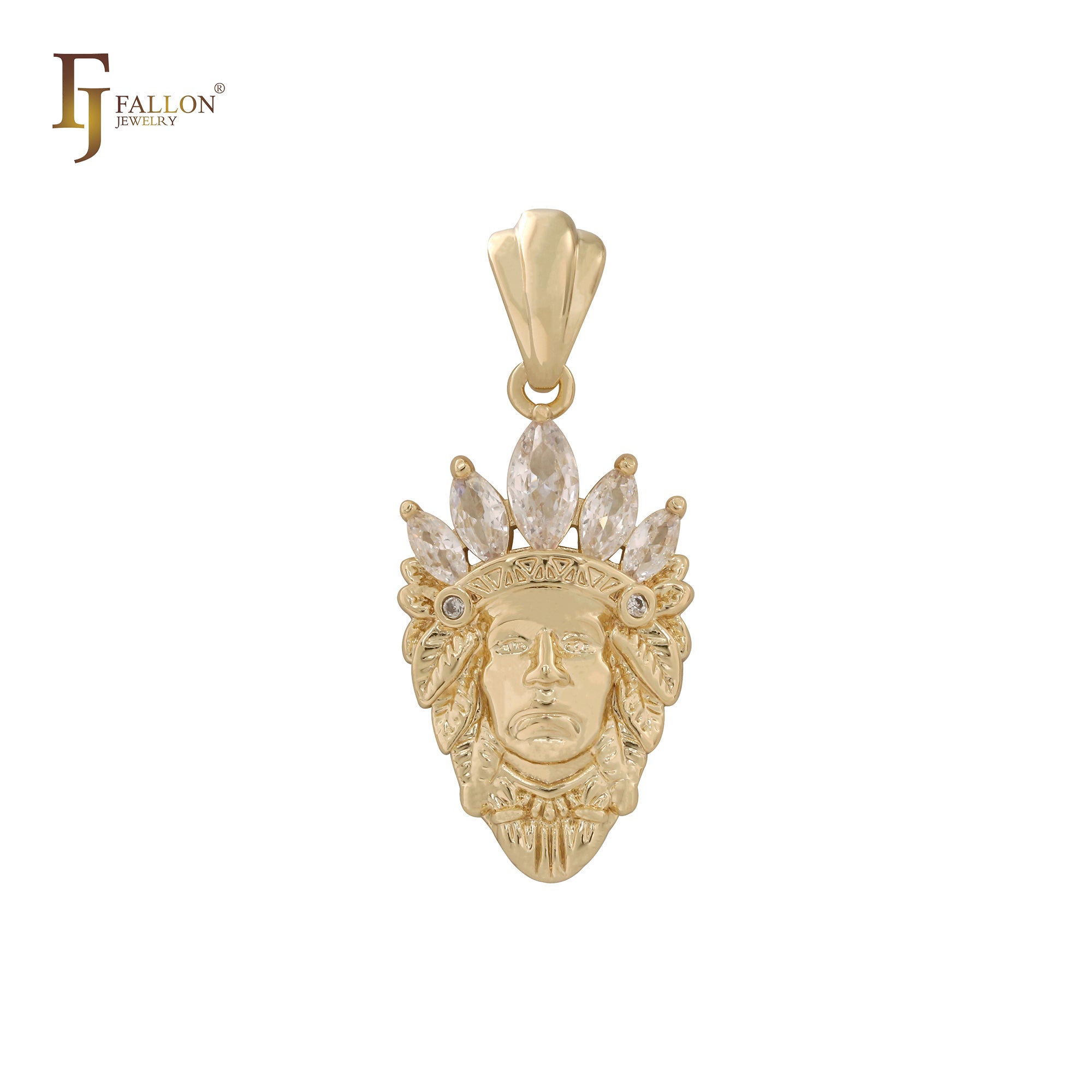 Portrait of Indian Chief marquise cluster white CZs 14K Gold pendant