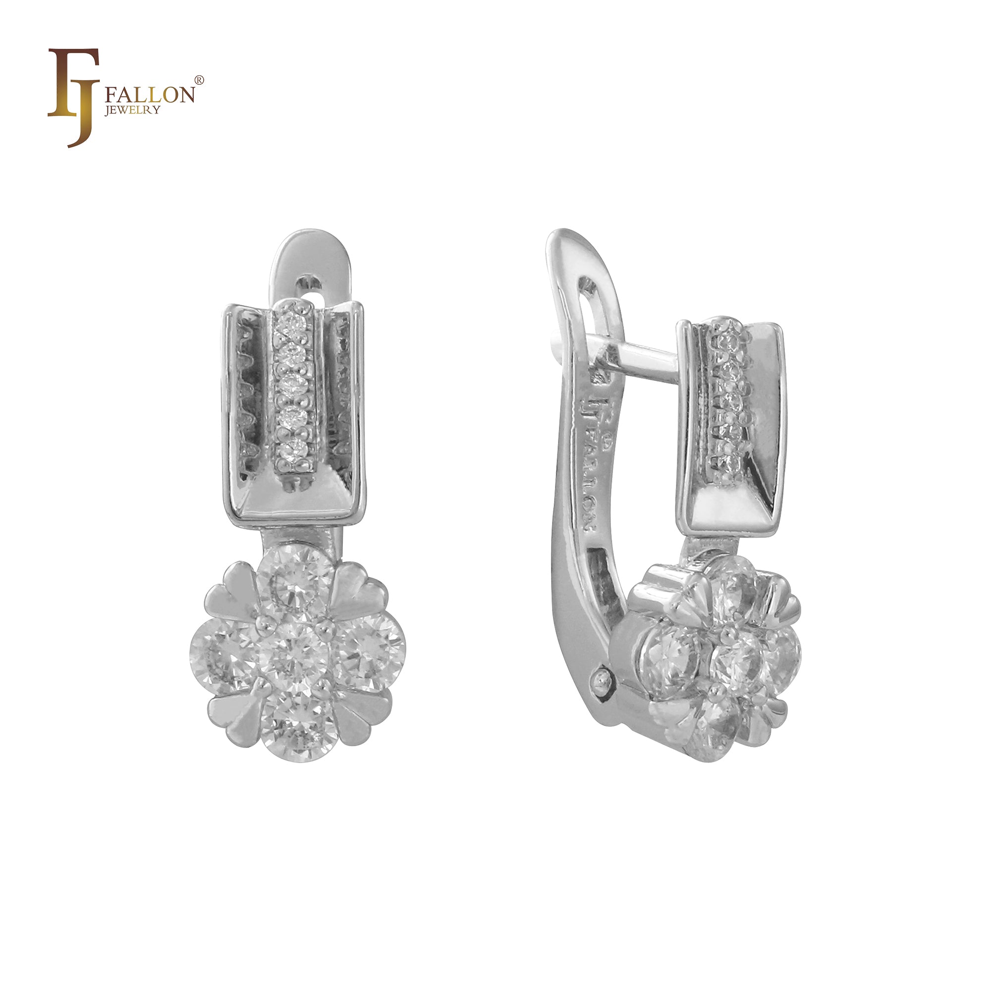 Flower white CZs cluster 14K, Rose Gold, White Gold earrings