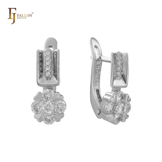 Flower white CZs cluster 14K, Rose Gold, White Gold earrings