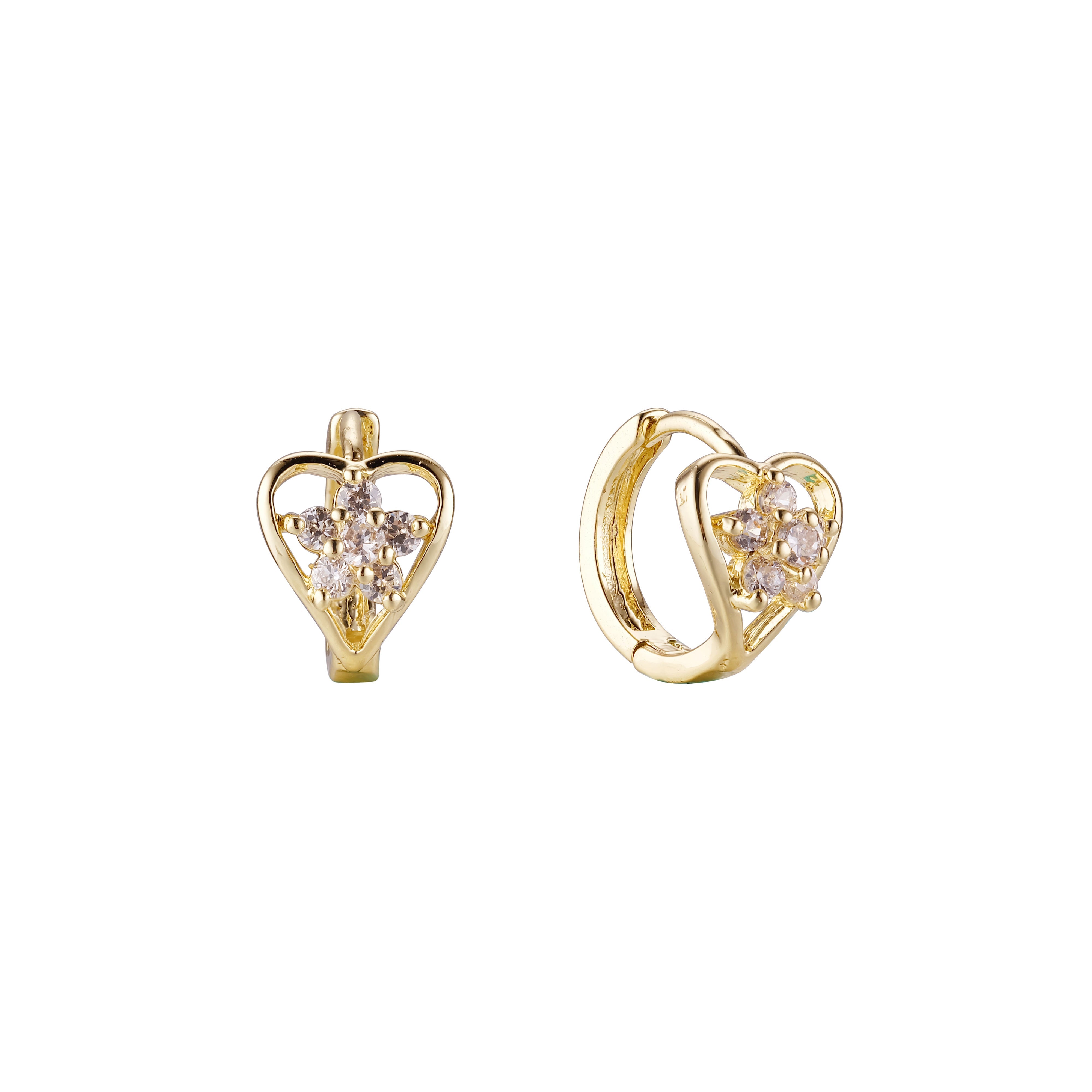 Flower cluster in heart huggie earrings in 14K Gold, Rose Gold plating colors