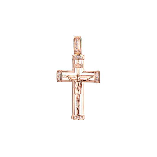 Colgante cruz católica latina en Oro Rosa bicolor, baño de Oro 14K colores