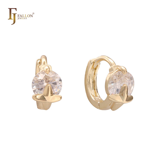 Solitaire Rounded White Cz 14K Gold, Rose Gold Huggie Earrings