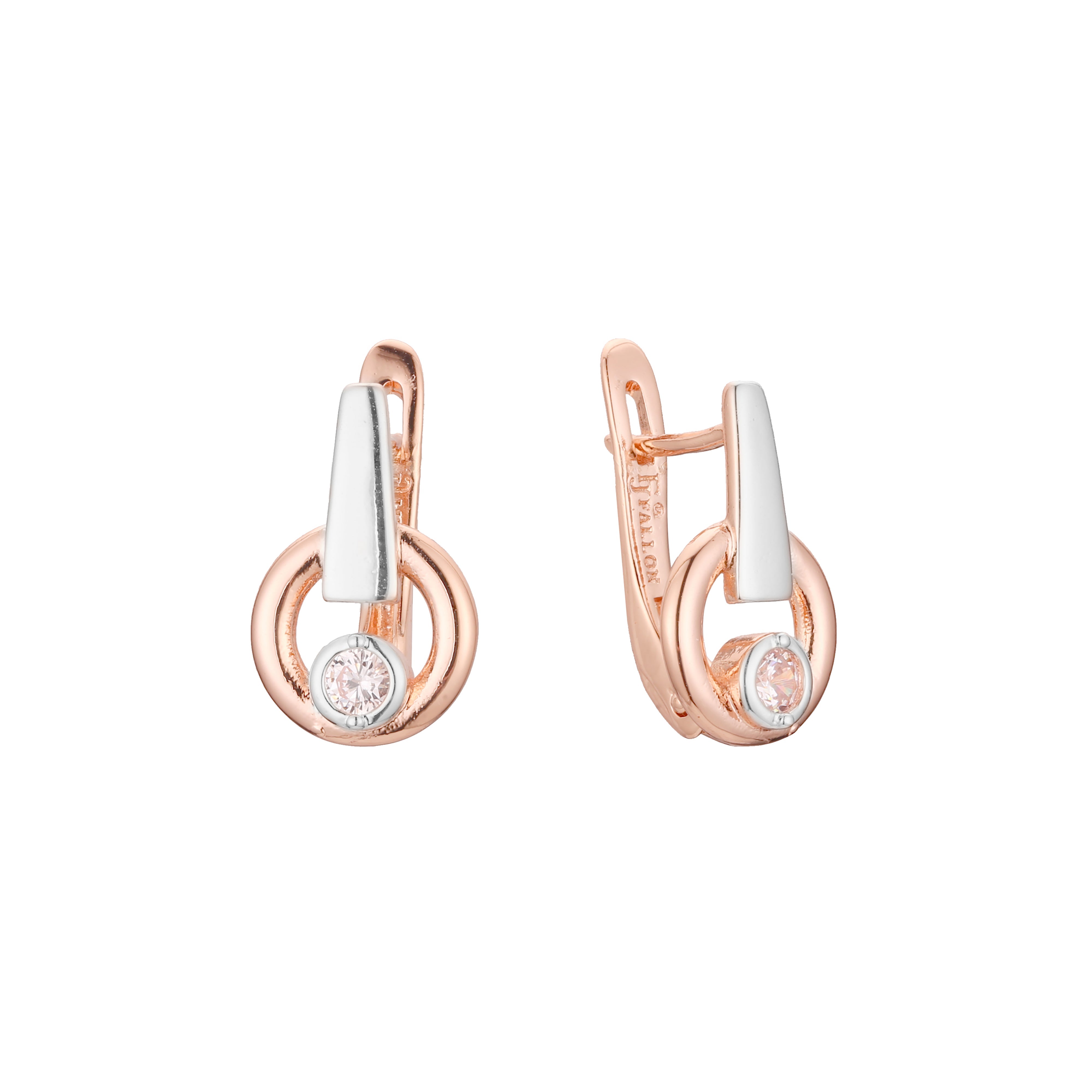 Solitaire round CZ in circle 14K Gold, Rose Gold, two tone earrings