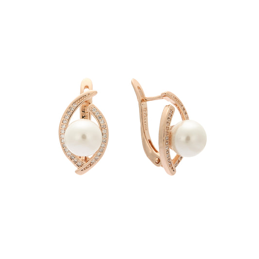 Solitaire pearl paved cz Rose Gold earrings