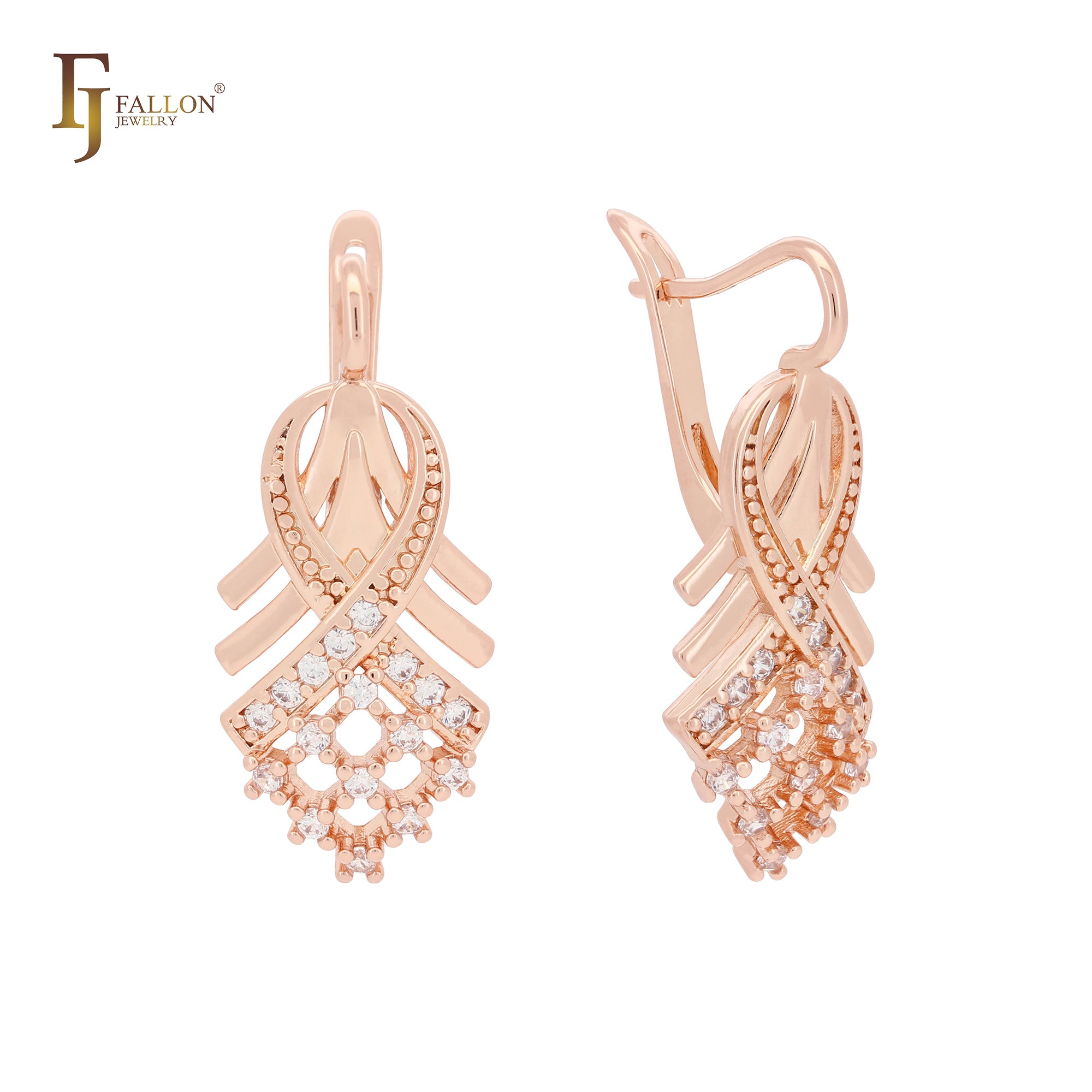 Ribbon cluster white CZs elegant 14K Gold, Rose Gold earrings