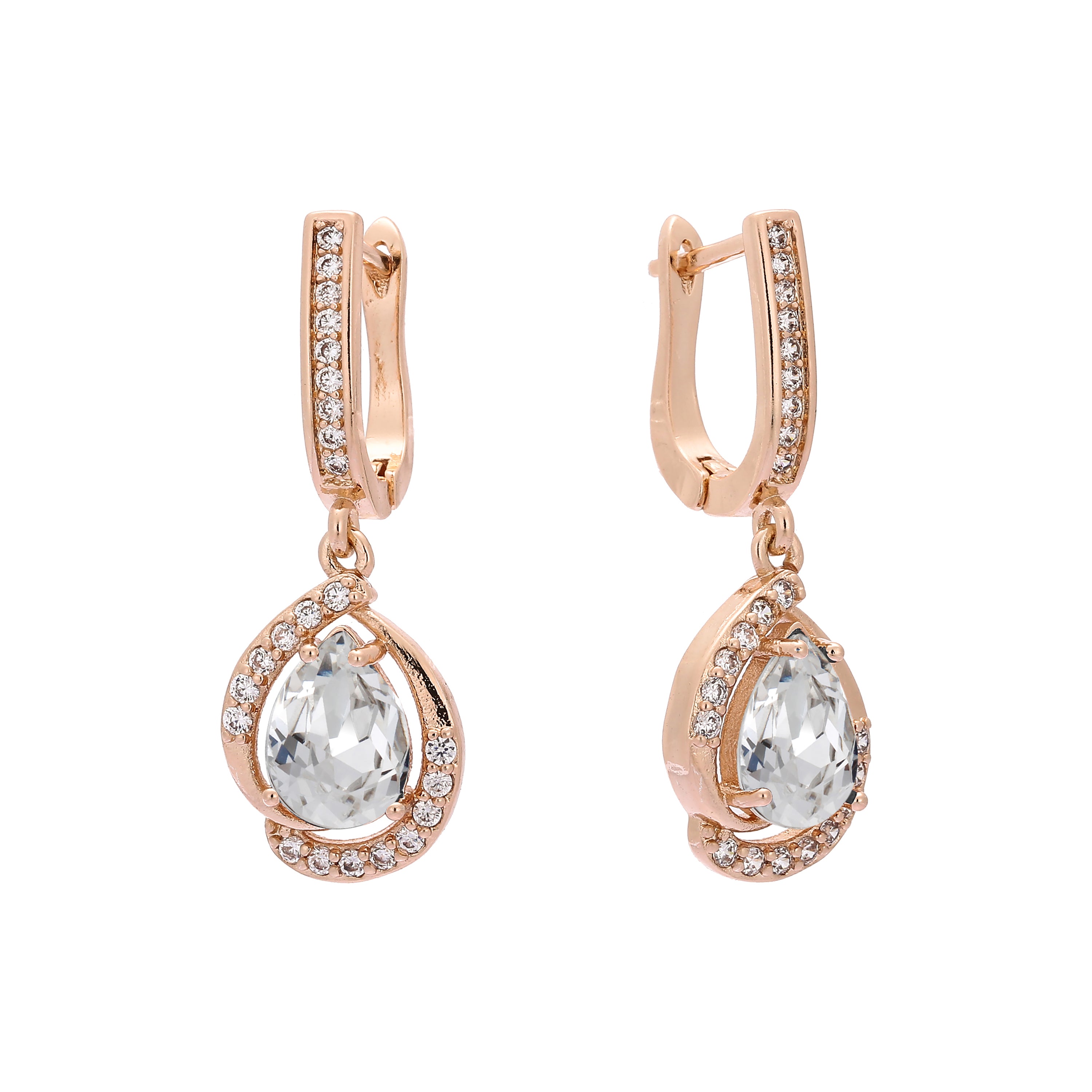 Solitaire teardrop and paved CZ Rose Gold earrings