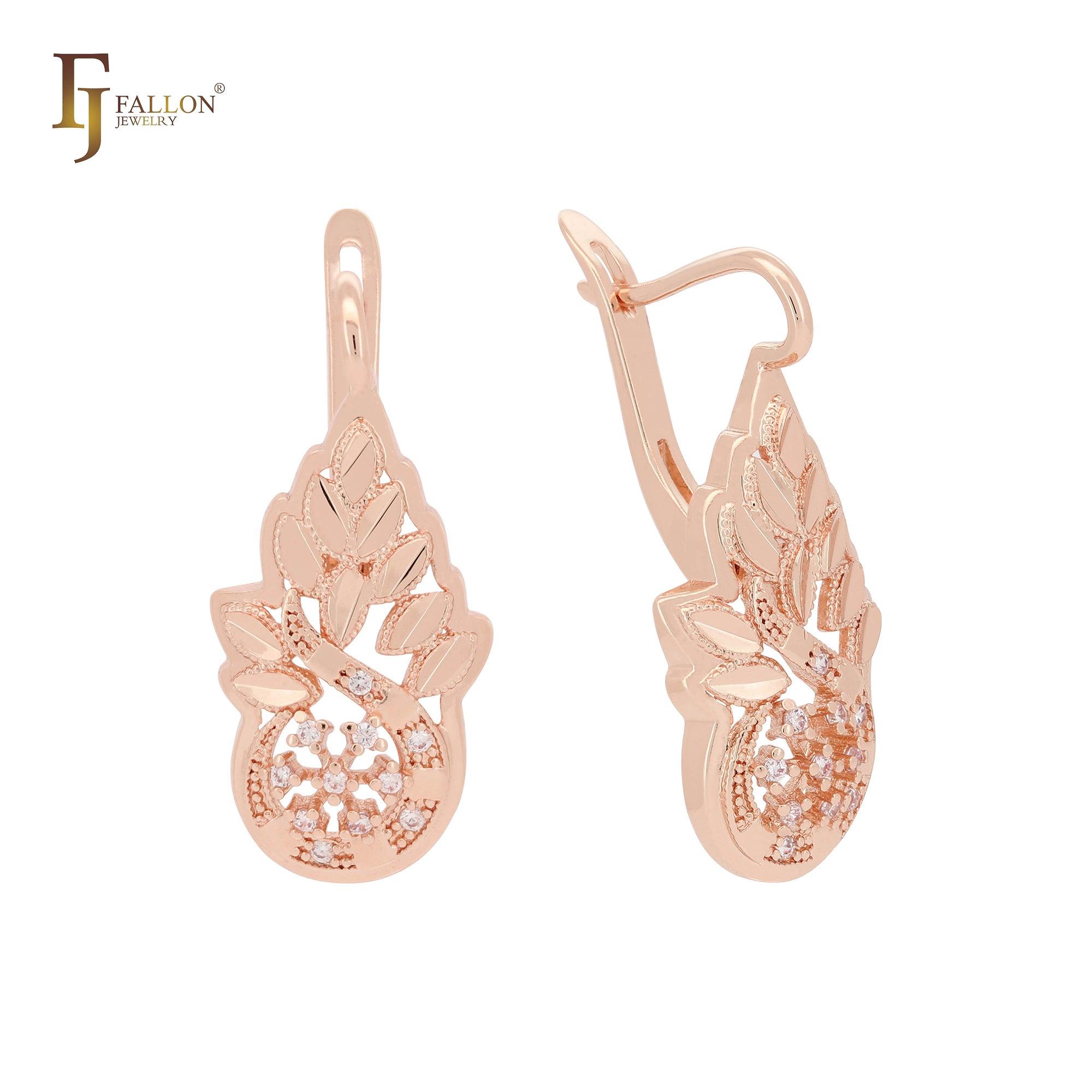 Thousand leaves cluster white CZs 14K Gold, Rose Gold earrings