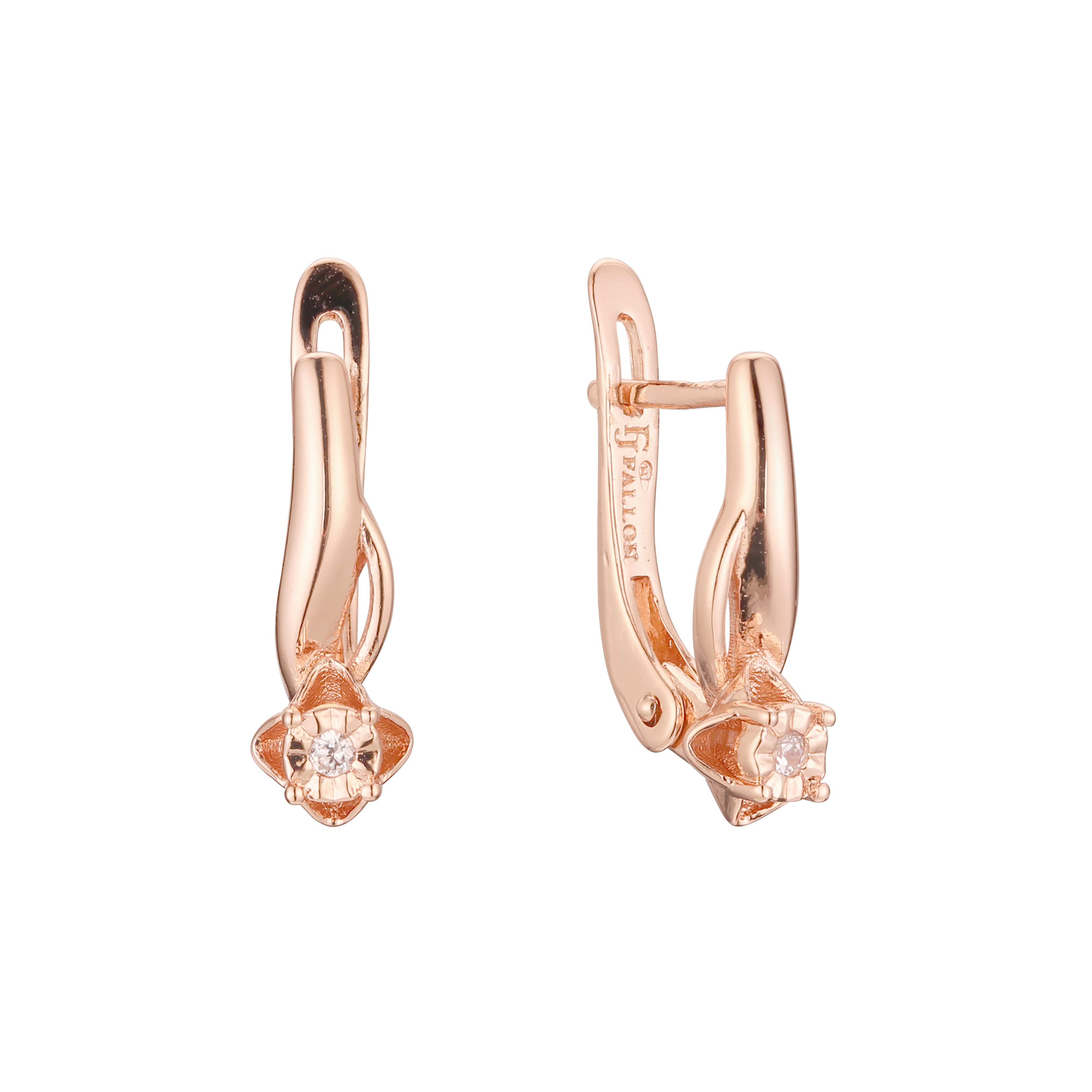 Solitaire white CZ flower Rose Gold, two tone, 14K Gold earrings