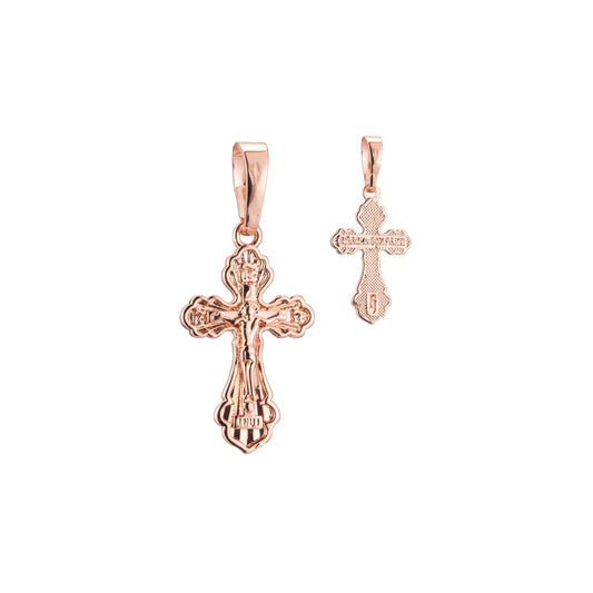 Colgante cruz católica con capullo en Oro de 14K, baño de Oro Rosa bicolor