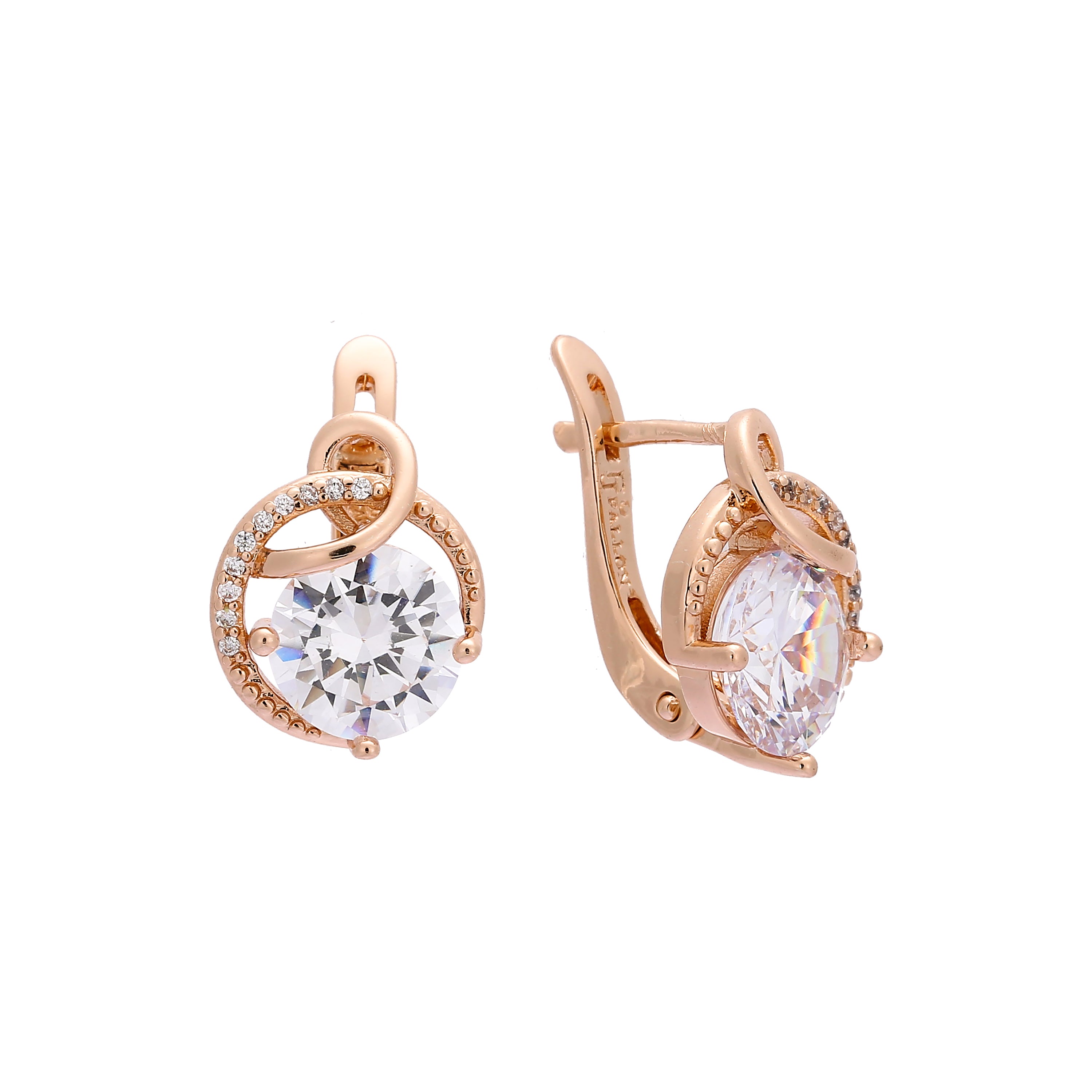 Solitaire pavimentado branco cz Rose Gold, brincos de dois tons