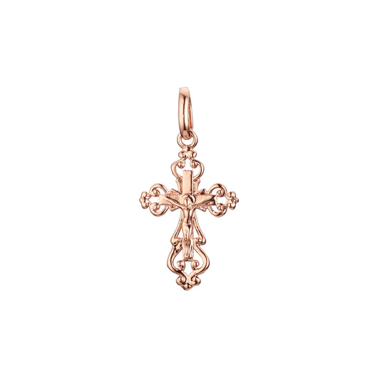 Catholic cross budded pendant in Rose Gold two tone, 14K Gold plating colors