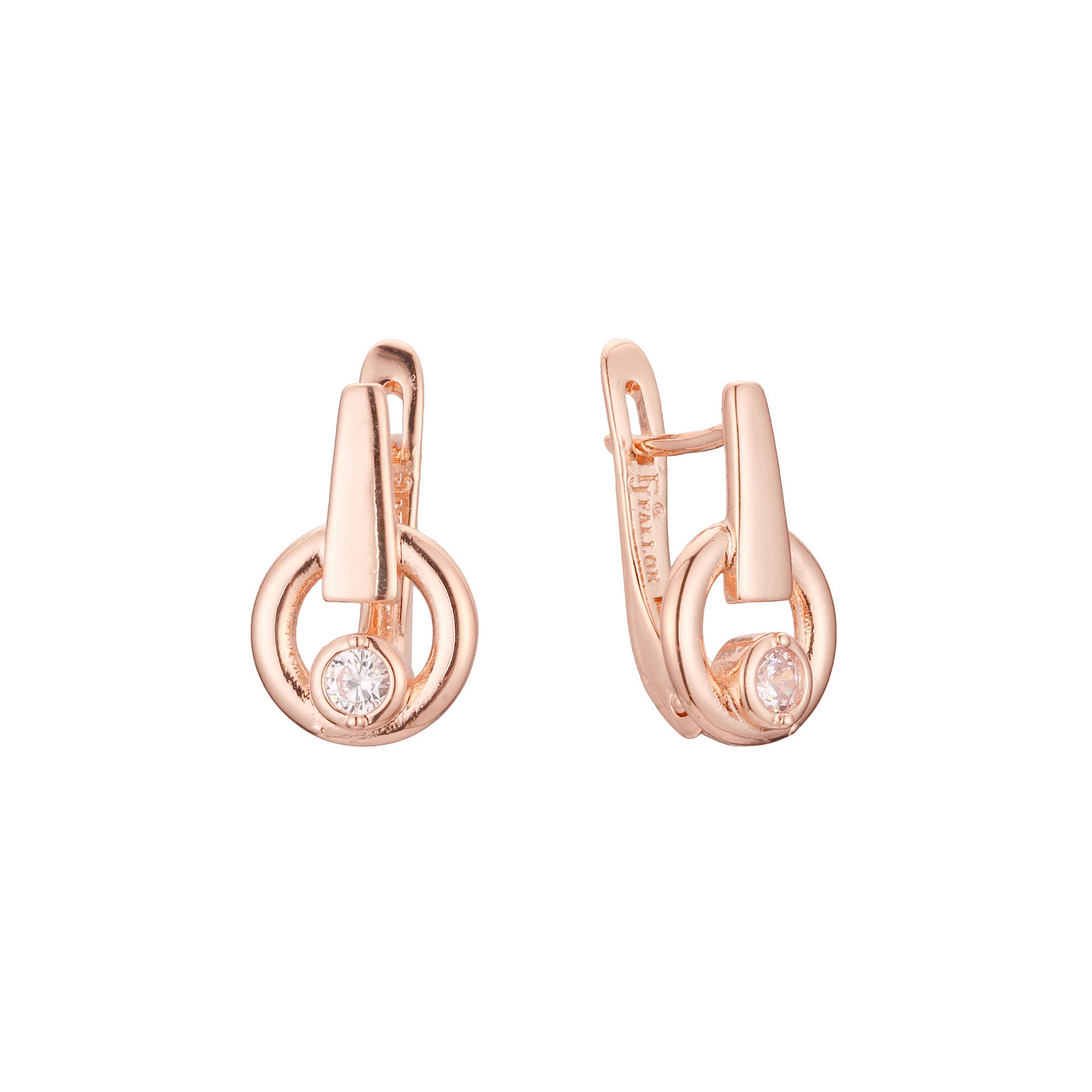 Solitaire round CZ in circle 14K Gold, Rose Gold, two tone earrings