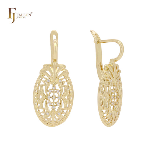 Filigree textured oval shape cluster white CZs 14K Gold, Rose Gold earrings