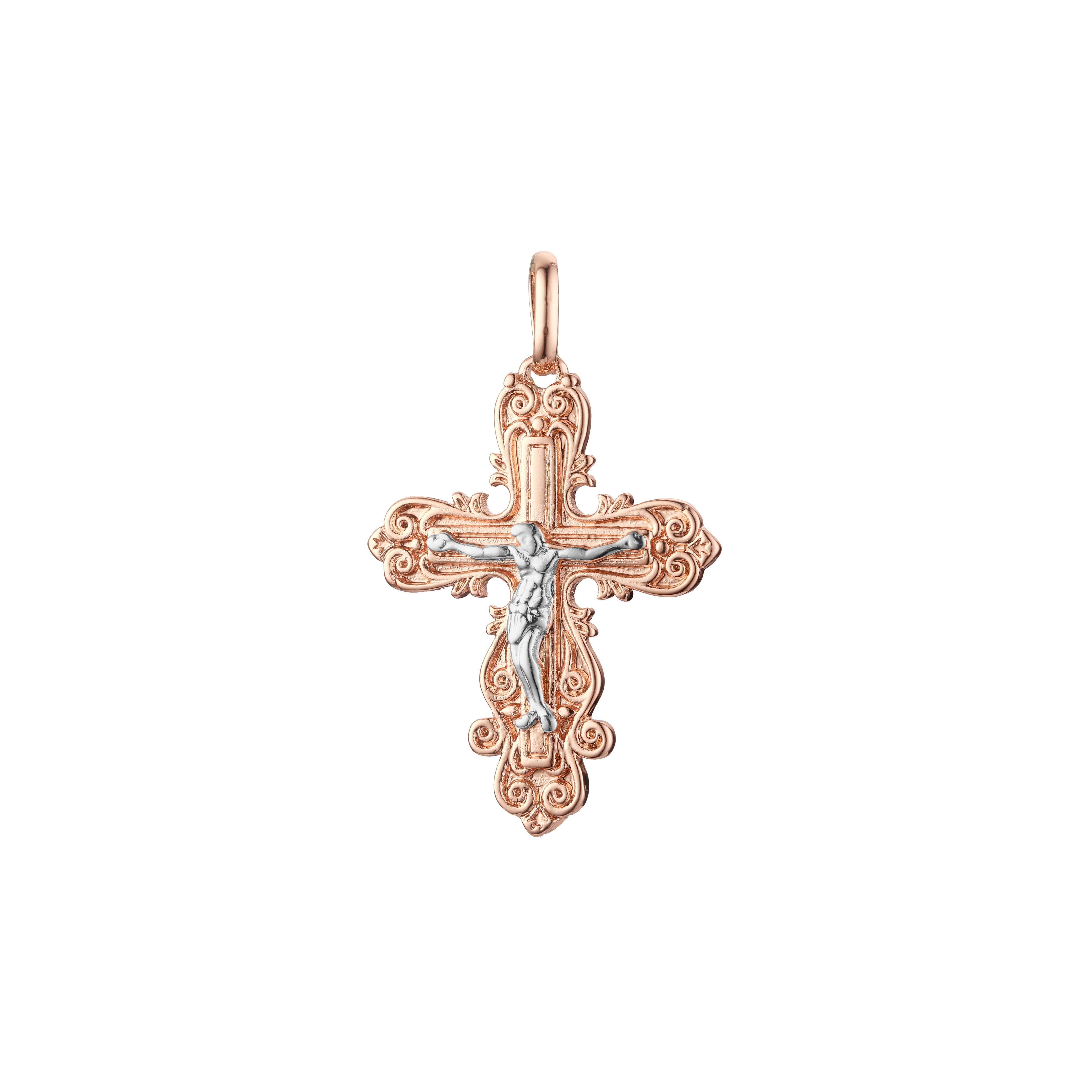 Colgante cruz católica florecida en Oro Rosa bicolor, baño de Oro 14K colores