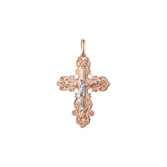 Catholic cross budded pendant in Rose Gold two tone, 14K Gold plating colors