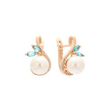 Rose Gold pearl earrings with two lake blue stones