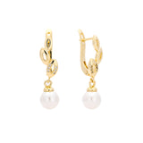 Pearl and leaves drop earrings in 14K Gold, Rose Gold two tone plating colors