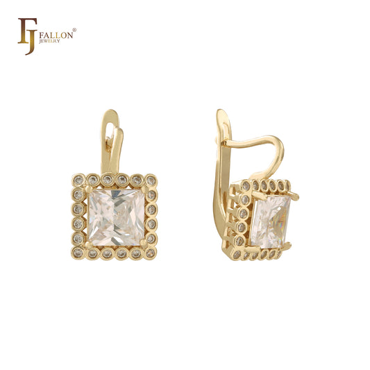 Princess Cut square white CZ Halo Rose Gold, 14K Gold, White Gold Earrings