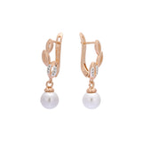 Pearl and leaves drop earrings in 14K Gold, Rose Gold two tone plating colors