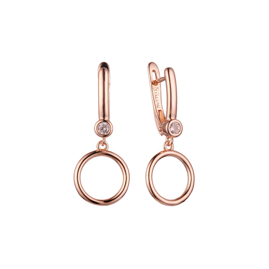 Aretes colgantes de círculo solitario en Oro 14K, colores baño de oro rosa