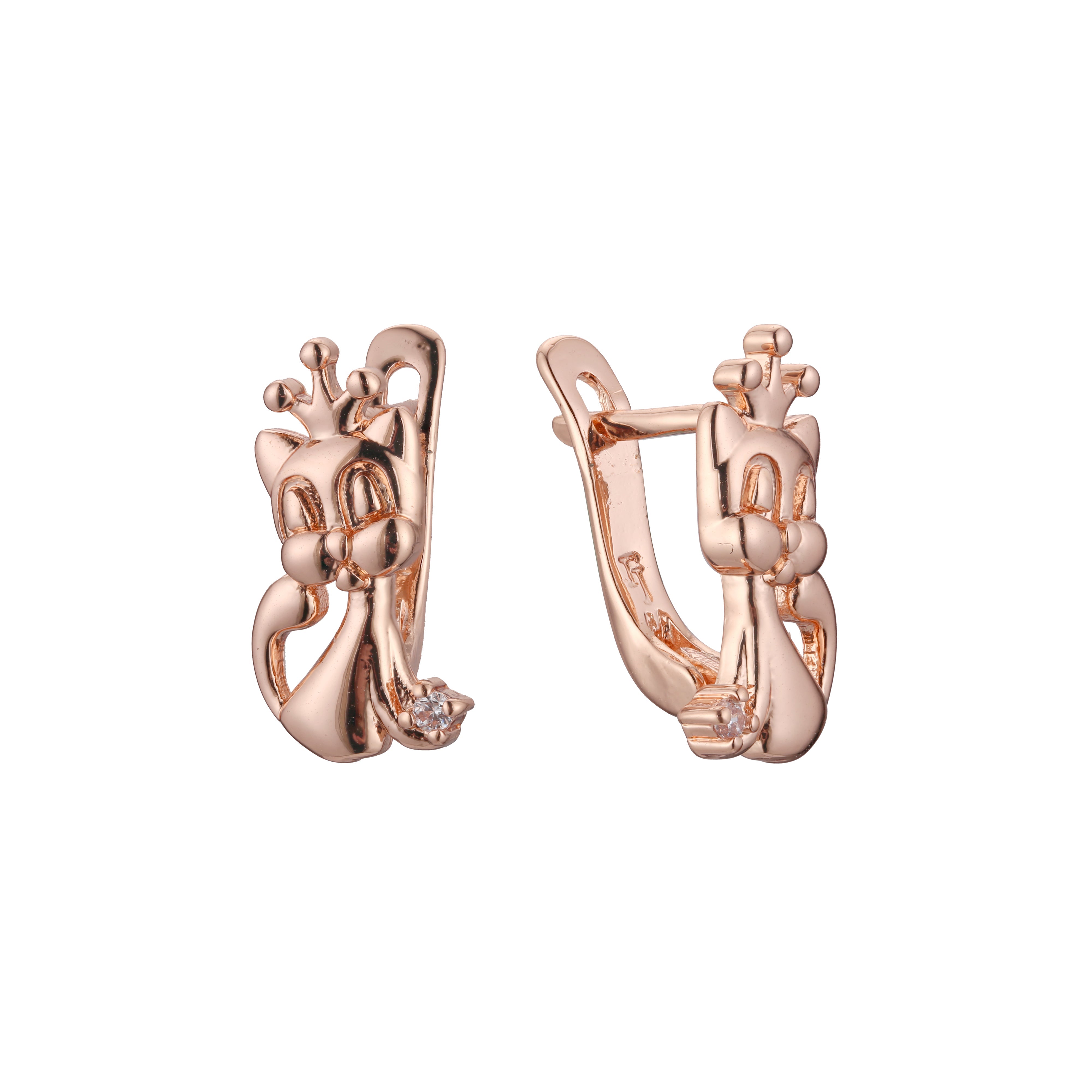 Pendientes niño gato con corona ini Oro 14K, baño de Oro rosa colores