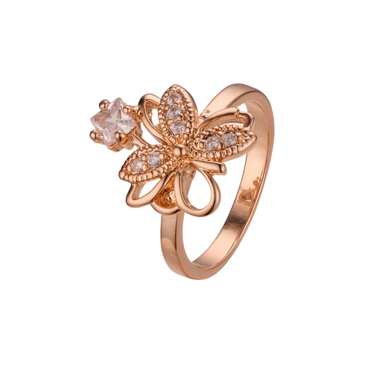 Solitario de oro rosa anillos de piedra talla esmeralda en mariposa