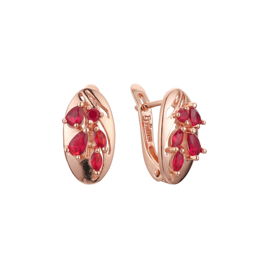 Aretes de racimo de cuatro piedras rojas en oro de 14K, baño de oro rosa en colores