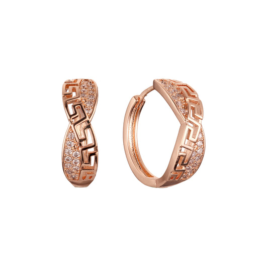 Greek key cluster huggie earrings in 14K Gold, Rose Gold plating colors