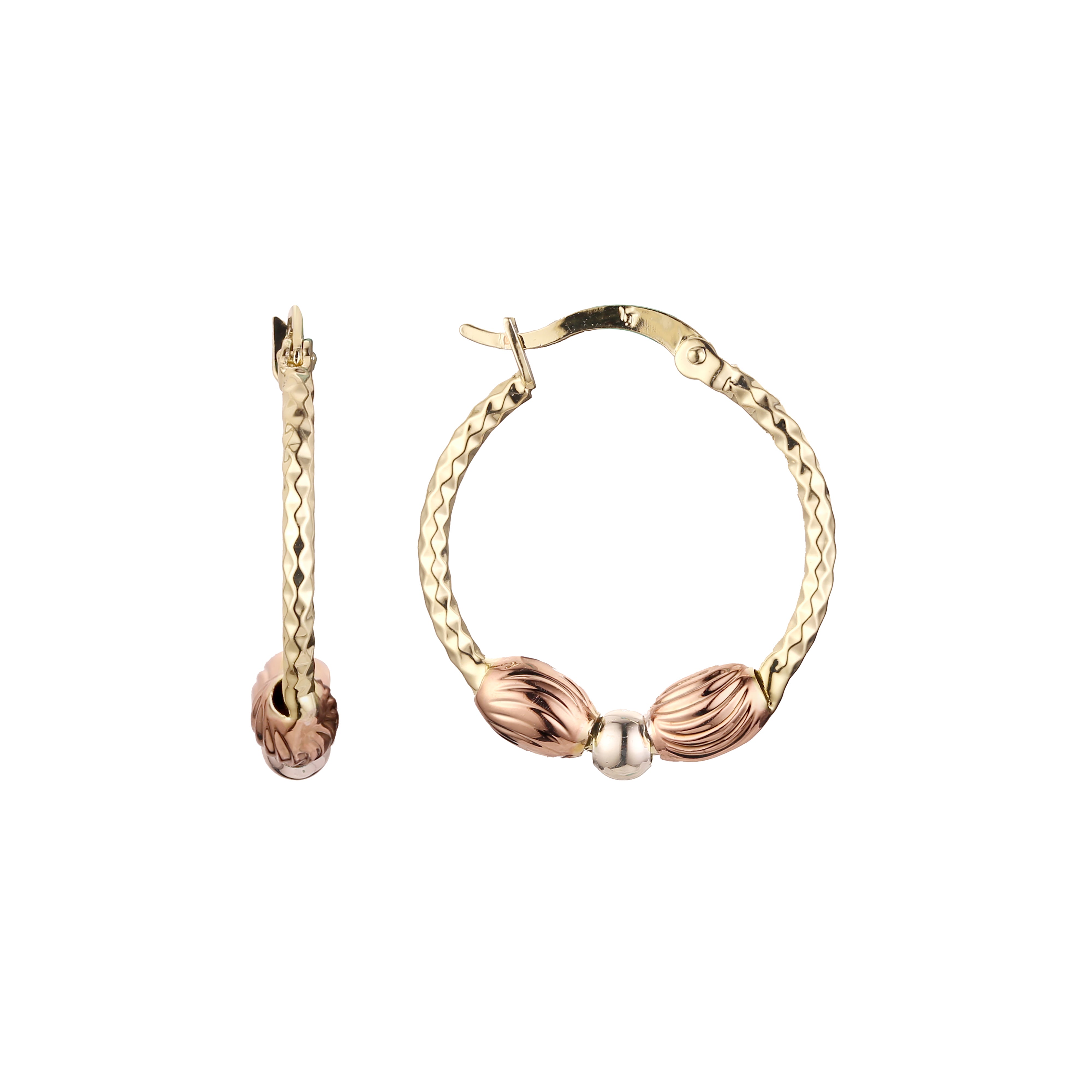 Aretes tipo argolla en Oro 14K, Oro Rosa, baño en tres colores