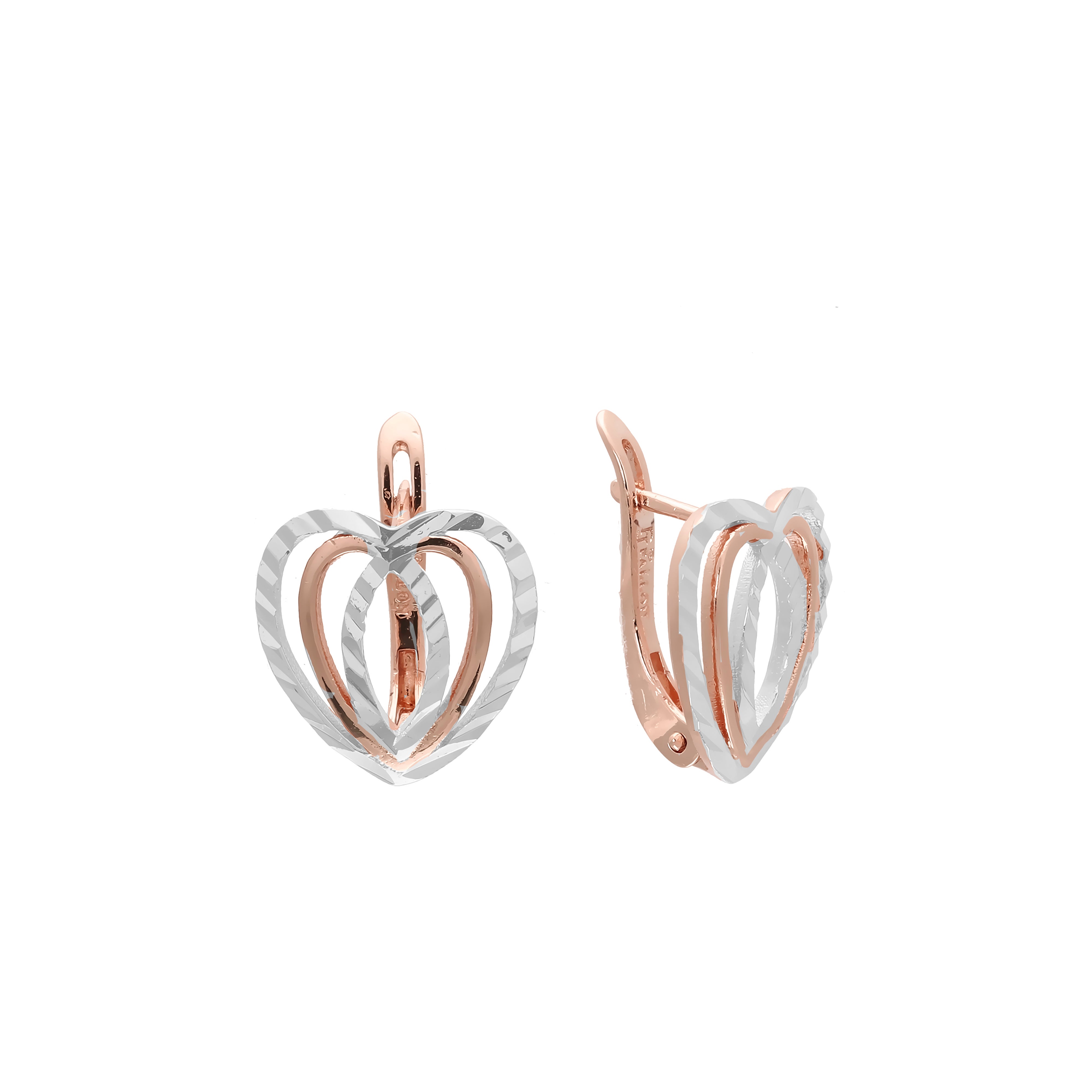 Aretes de tres corazones en Oro de 14K, baño de Oro Rosa en dos colores