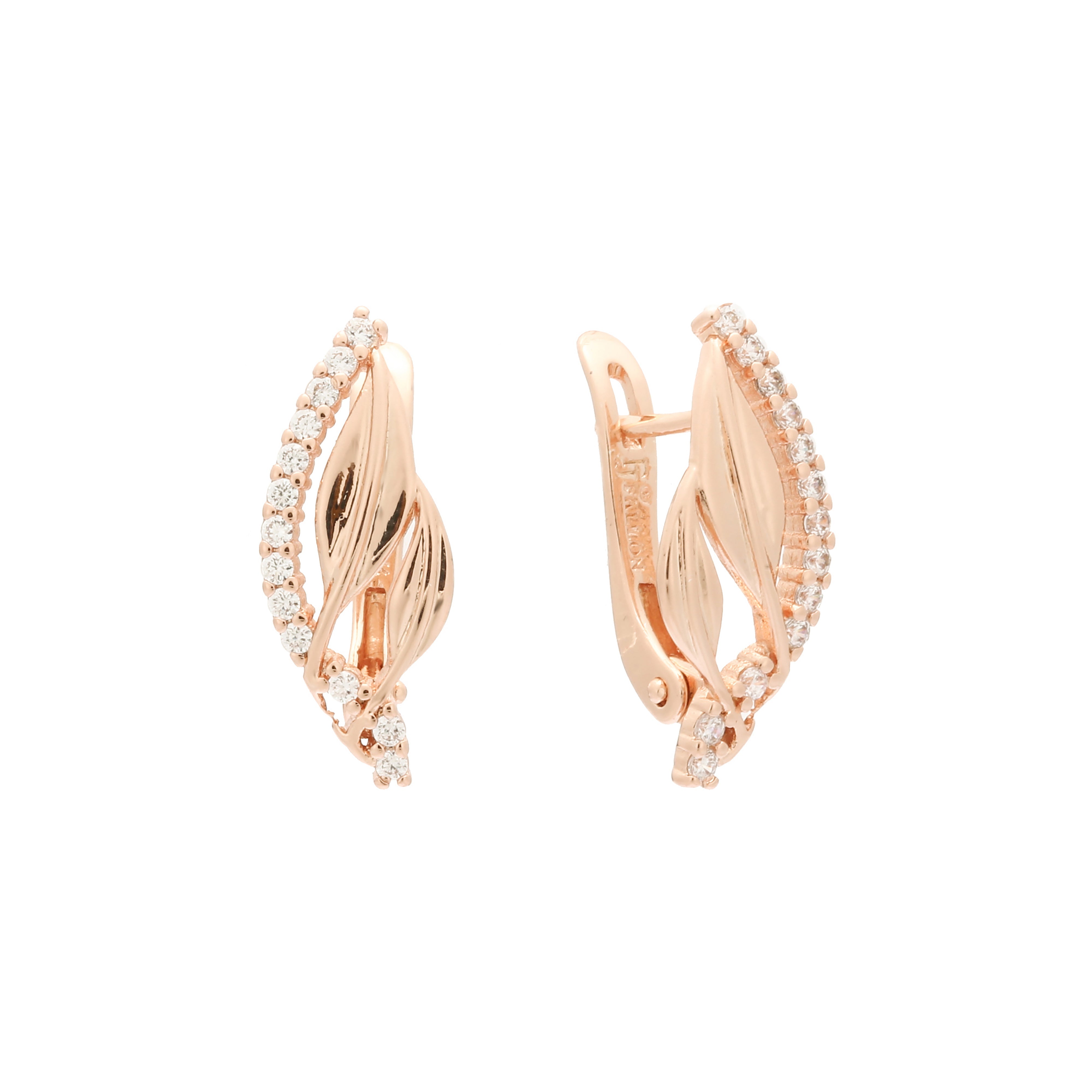 Leaves paved with White CZs Rose Gold, White Gold cluster earrings