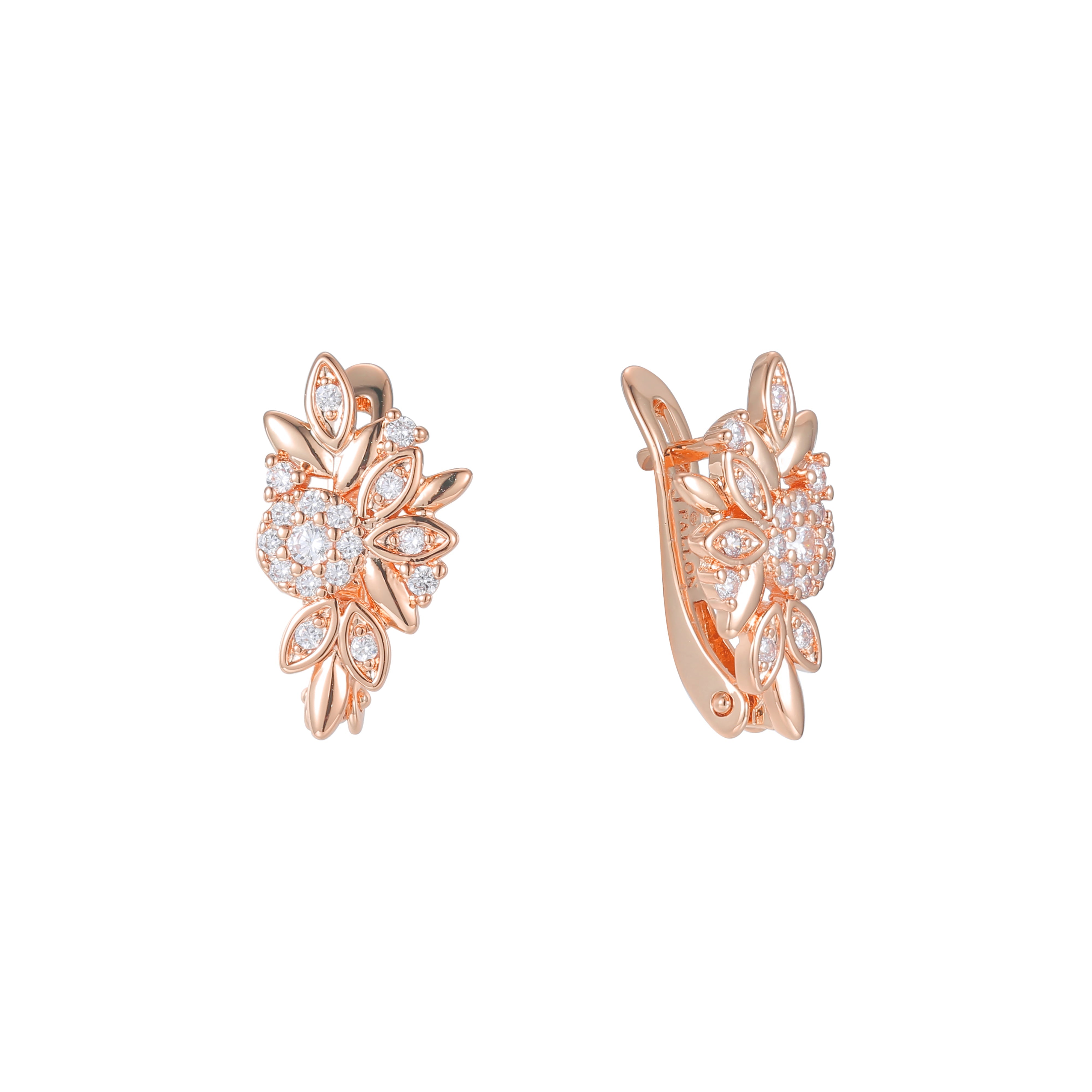 Aretes de racimo de flores y hojas en Oro 14K, oro rosa, baño de dos tonos