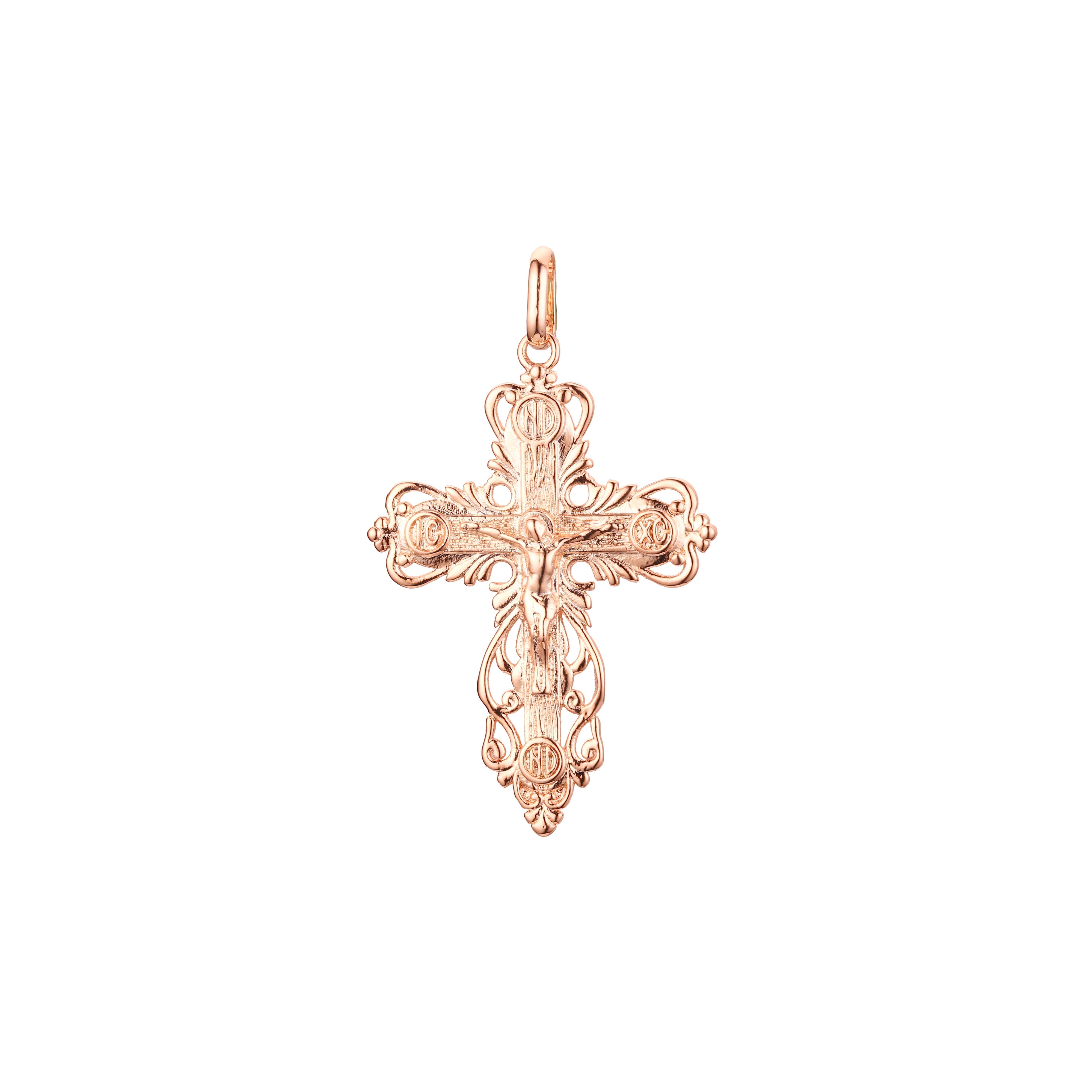 Colgante de cruz católica con capullo en Oro 14K, dos tonos de oro rosa y baño de oro blanco